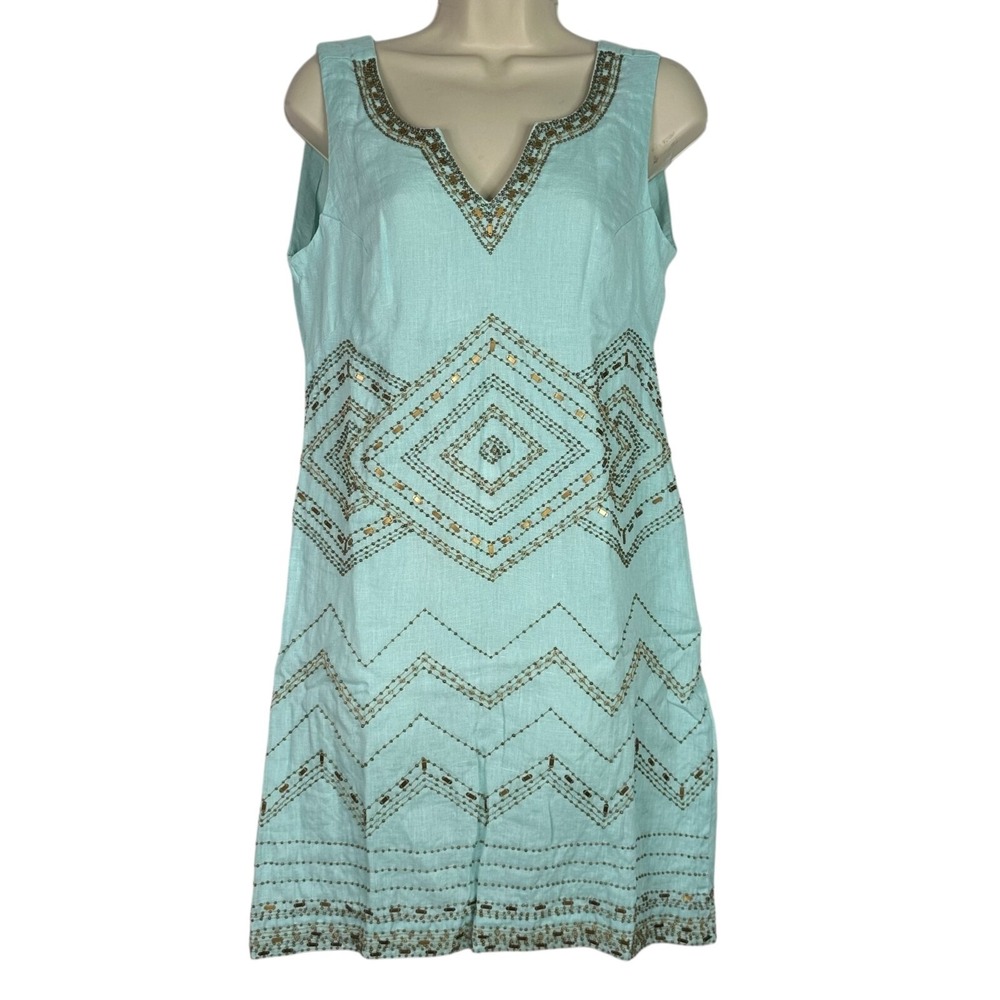 Bella Tu Gopi Vaid Linen Sheath Dress Blue Beaded Embroidered Sleeveless Size 6